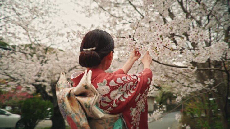 Donna in kimono con fiori di ciliegio