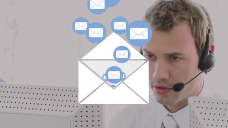 Animation-of-emails-icons-over-man-wearing-phone-headset