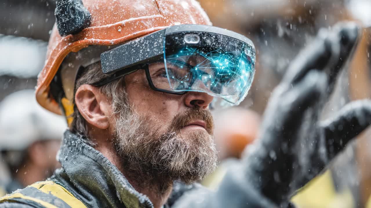 Um trabalhador da construção civil focado, usando óculos de realidade aumentada, observa as medidas de segurança enquanto flocos de neve caem suavemente ao redor, destacando a combinação de tecnologia e indústria em meio às condições de inverno