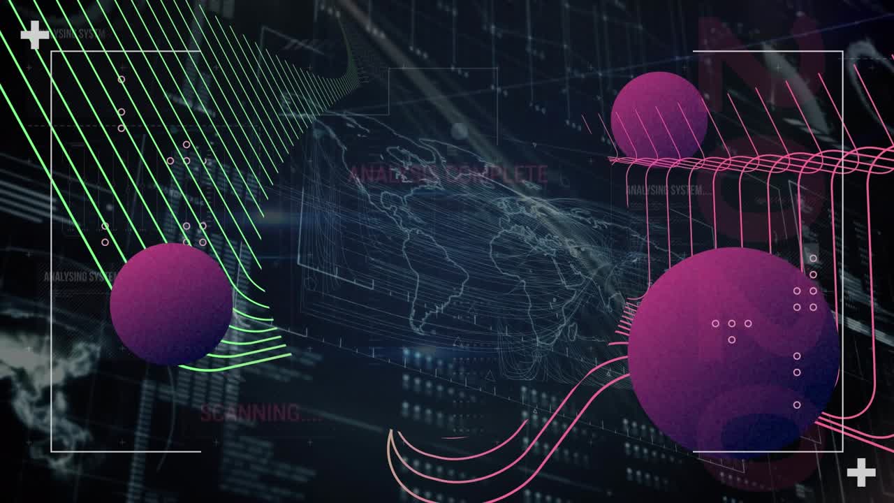 Animation of globes in viewfinder over wave patterns, loading bars, circle, radar, map in background