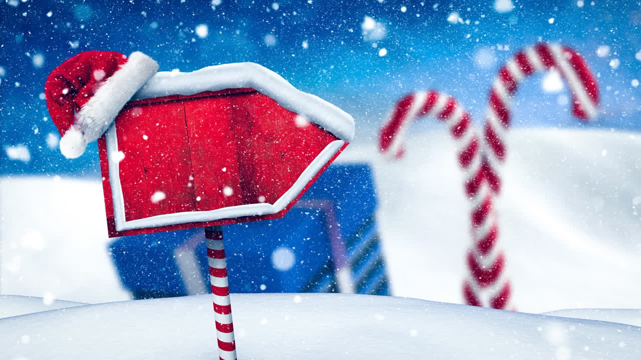 ⁇ 은 빈 표지판과 함께 겨울 장면 위의 눈과 함께 비디오 구성