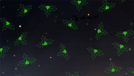 Animation-of-green-mistletoe-icons-over-black-background