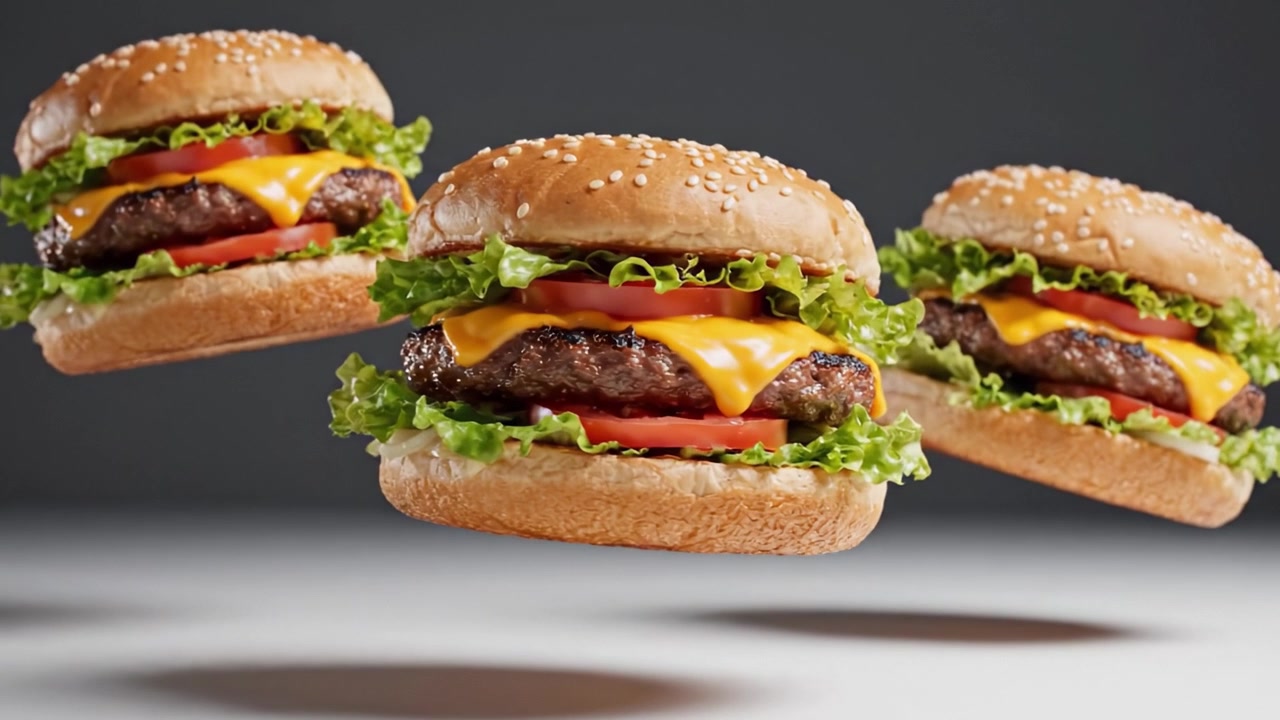 Delizia Fluttuante: Una Presentazione Impressionante di Tre Hamburger Perfettamente Realizzati con Polpette Succulente, Verdure Fresche e Formaggio Fuso in una Splendida Composizione Visiva
