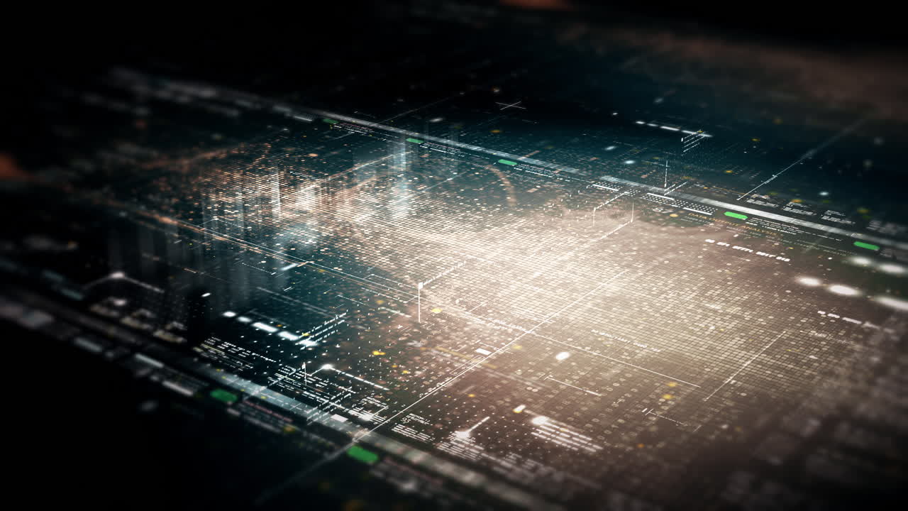 Futuristic abstract de-focus flowing data matrix, meta, metaverse, telemetry and encrypt numbers display with particles simulation in cyber space environment for head up display background