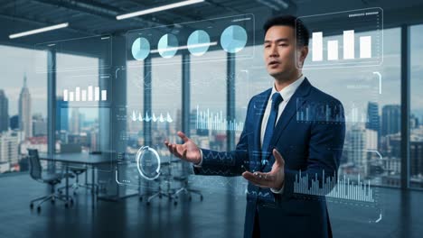 A Business Professional Engages with Advanced Data Analytics in a Modern Office Setting, Using Holographic Displays to Illustrate Key Performance Metrics and Trends