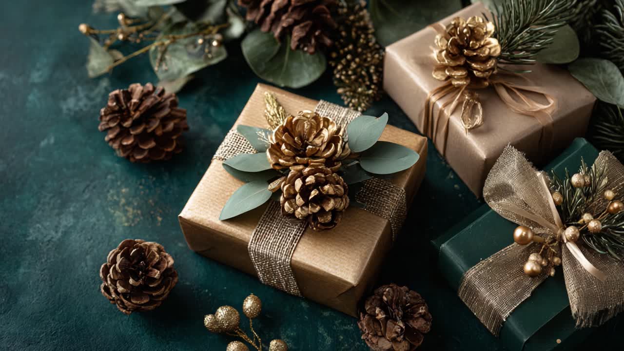 Elegantly Wrapped Holiday Gifts Featuring Natural Pinecones, Greenery, and Golden Accents on a Deep Emerald Background, Perfect for Seasonal Celebrations
