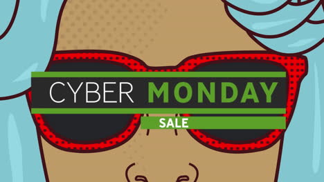 animación digital de la venta de cyber monday banner de texto contra la mujer que lleva gafas de sol icono