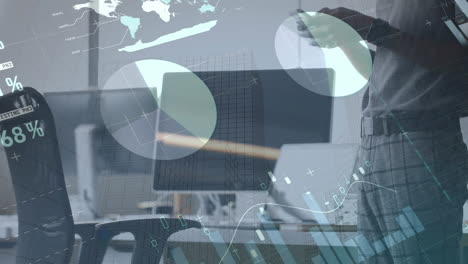 animation of infographic interface over african american man standing and using smartphone