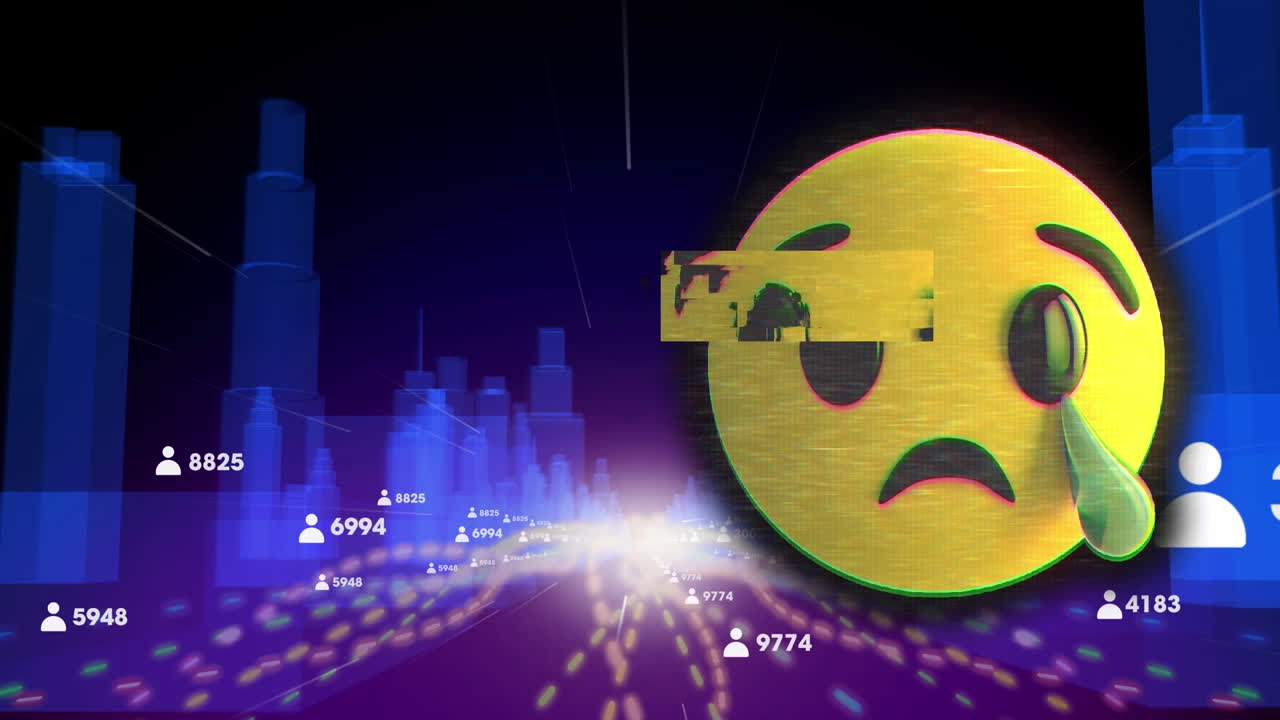 디지털 시티 위에 있는 이모지 아이콘의 애니메이션