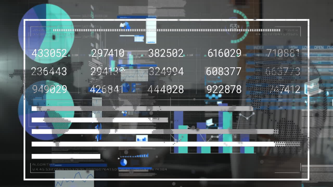 animación de la interfaz con el procesamiento de datos estadísticos y el globo giratorio contra la oficina vacía