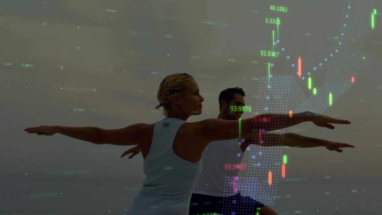 animación del procesamiento de datos sobre diversas personas que hacen ejercicio en la playa