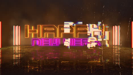 Animation-intro-text-Happy-New-Year-and-cyberpunk-animation-background-with-neon-lights-on-street-of-city