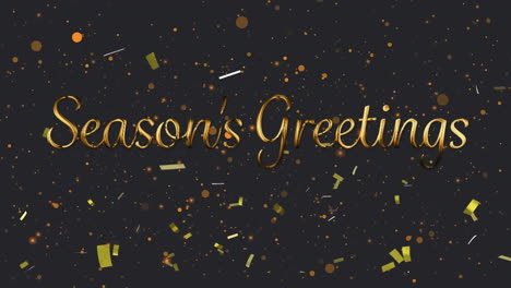 animation of season's greetings text in gold, with orange balls and falling gold confetti, on black