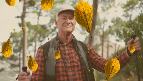 animation of falling leaves over caucasian senior man walking