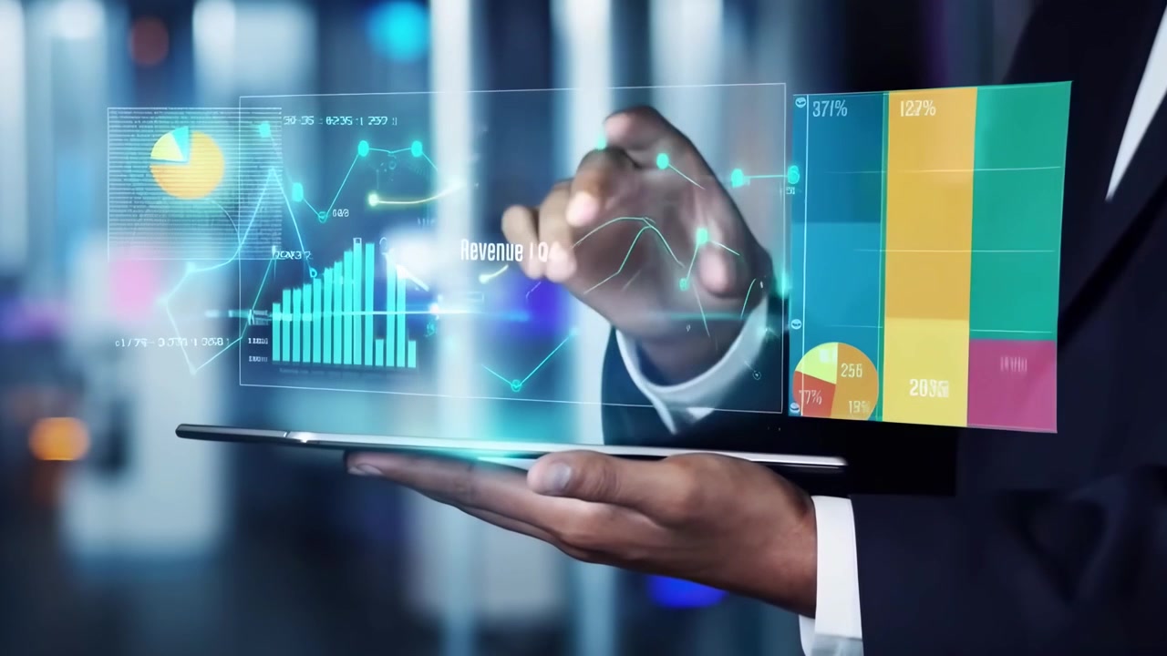 Businessman Analyzing Financial Data on a Futuristic Holographic Tablet