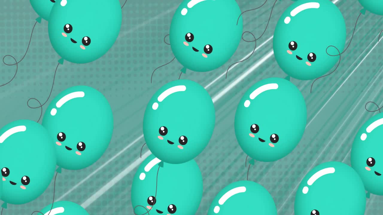 Animation of blue balloons with smile flying over blue background