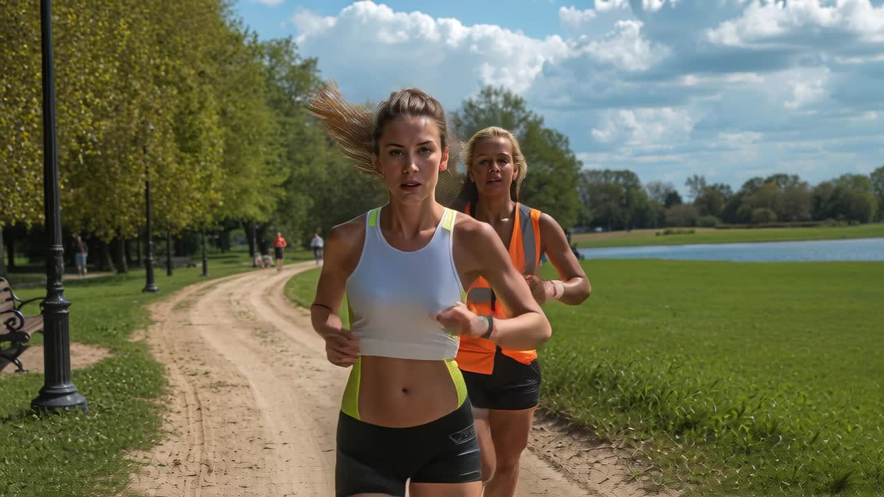 Due runner donne iniziano l'allenamento fitness, correndo verso la telecamera su un sentiero, mostrando uno smartwatch.