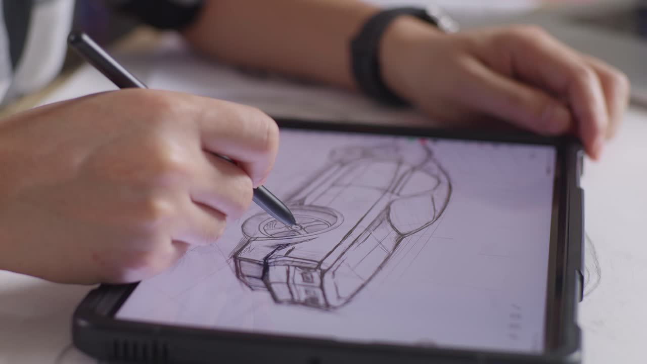 스튜디오의 테이블 위의 태블릿에 새로운 자동차 컨셉을 그리는 남성의 손의 근접