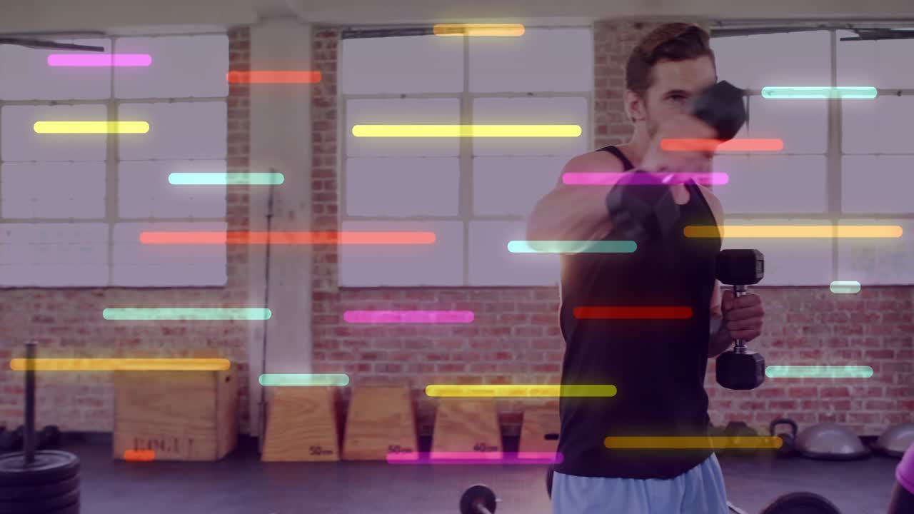 Exercise duo at cue, doing dumbbell punches, raises syncing with colorful light overlay for fitness