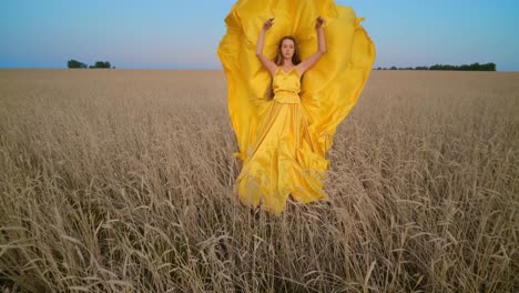 woman in a yellow dress in a wheat field