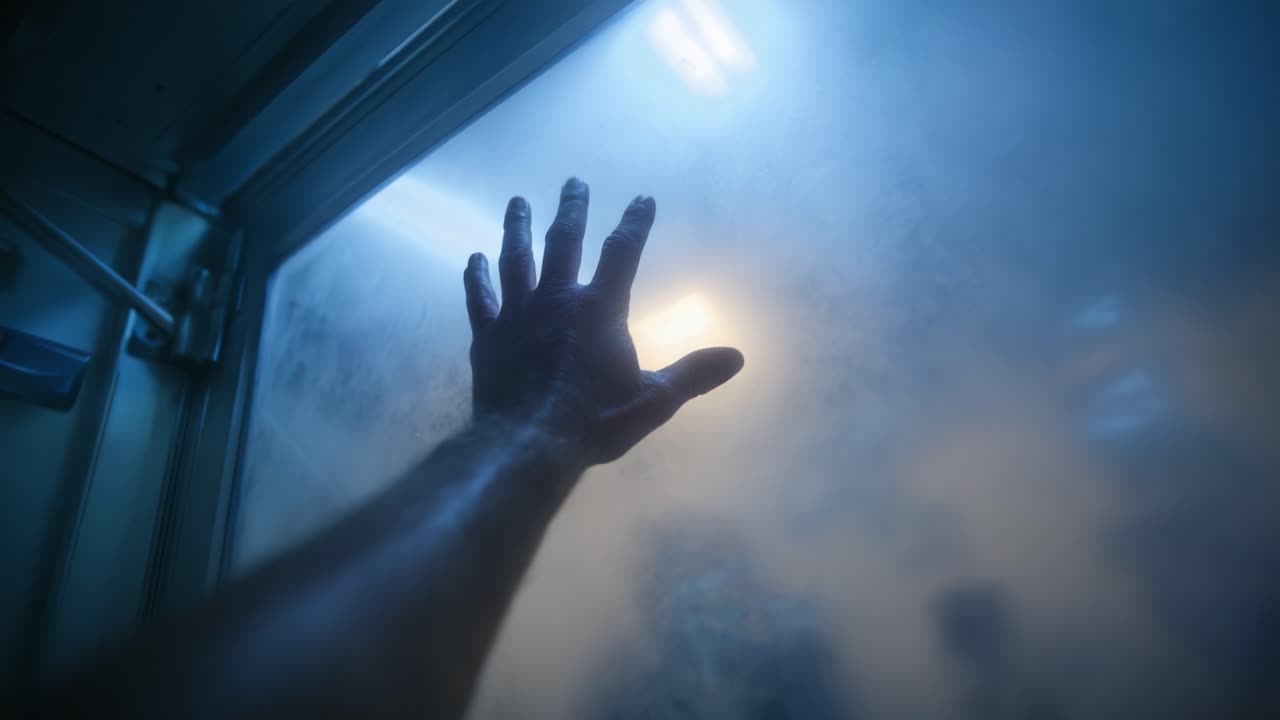 A tense moment captured in the foggy atmosphere as a hand reaches out through a misted surface, reflecting the struggles and emotions of seeking connection or escape in a dimly lit environment