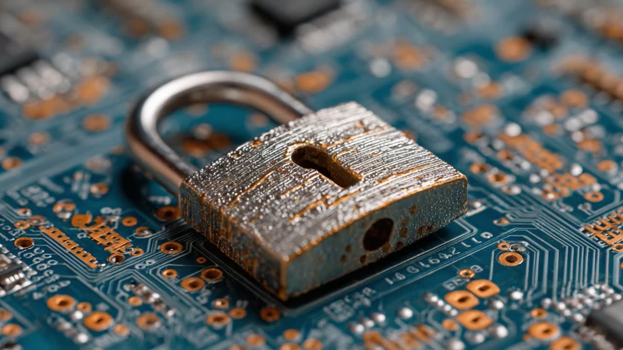 A Close-Up Exploration of a Rusty Padlock on a Circuit Board, Symbolizing Security and Technology at the Intersection of Hardware and Data Protection