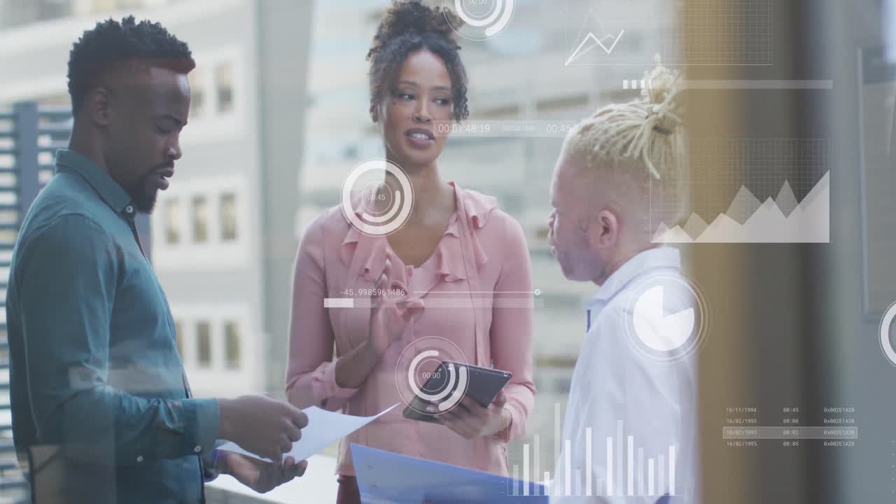 Animation of data processing over diverse business people in office