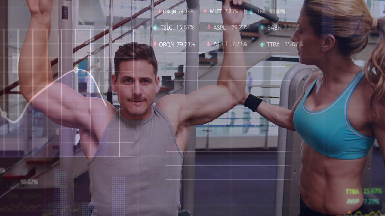 건강한 백인 여성과 남성이 운동하는 데이터 처리의 애니메이션