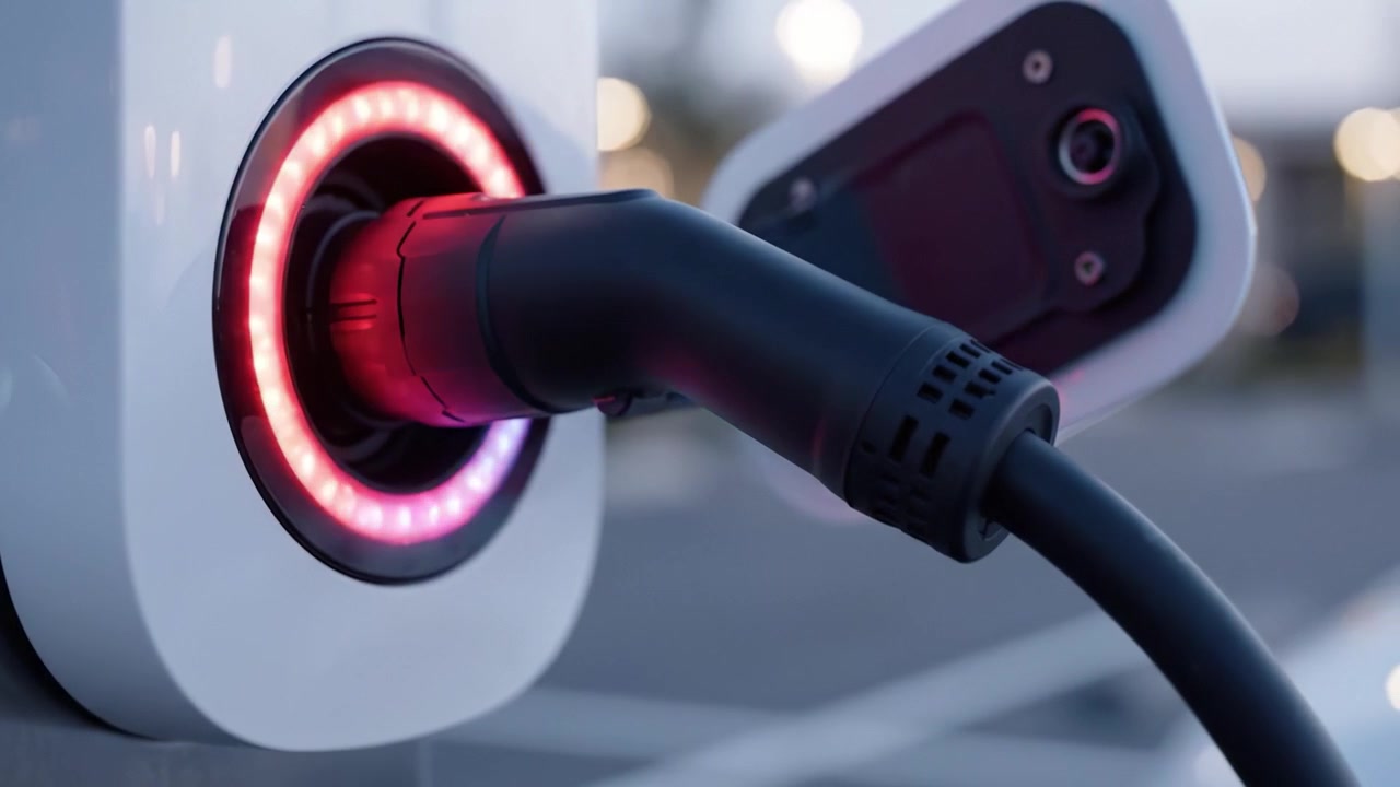 Electric Vehicle Charging Station Close-up: Visual Progression of Charging Cable Connection from Initial Status to Active Power Flow Indication