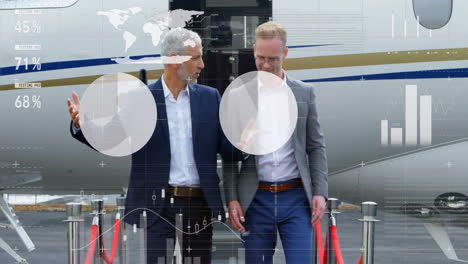 animation of financial data processing over caucasian businessmen by airplane