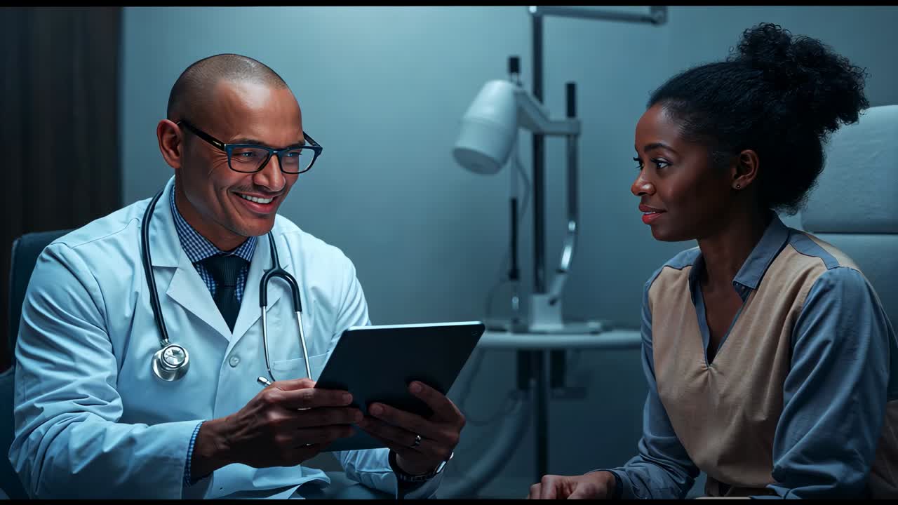 Showing doctor in coat tapping tablet with pen after patient question at clinic clarifying results