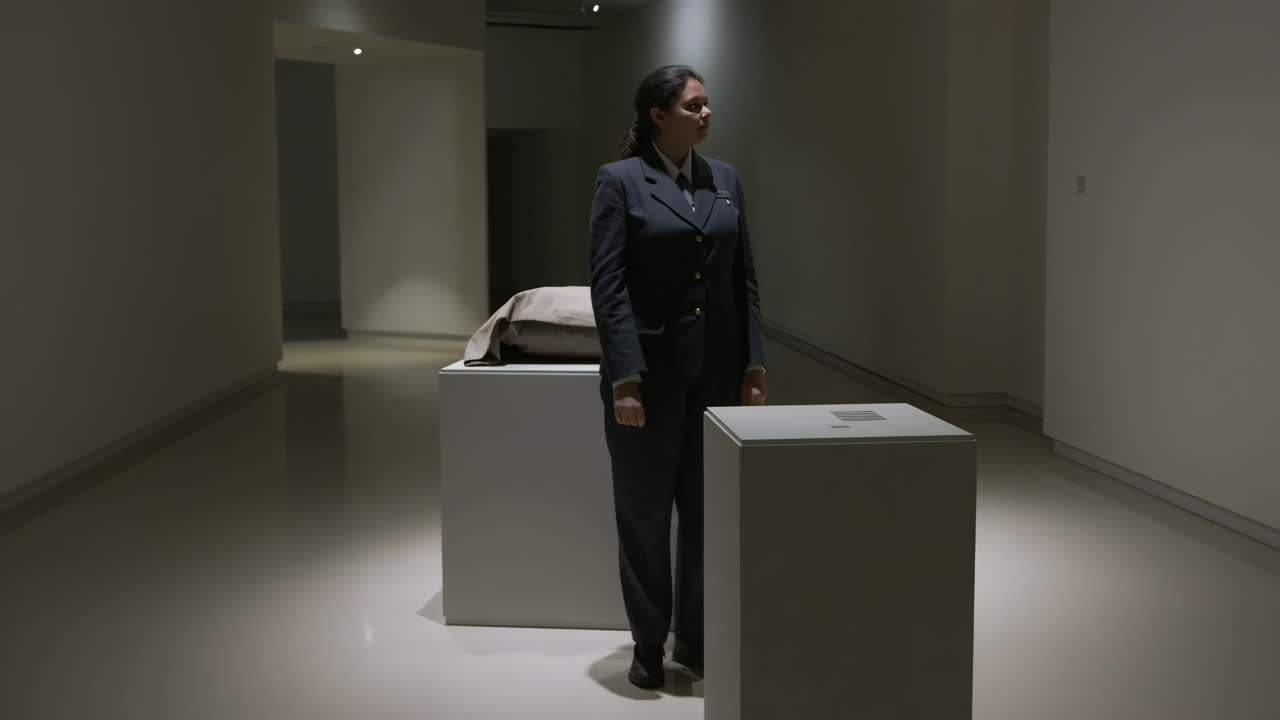 Woman in uniform standing in an art gallery