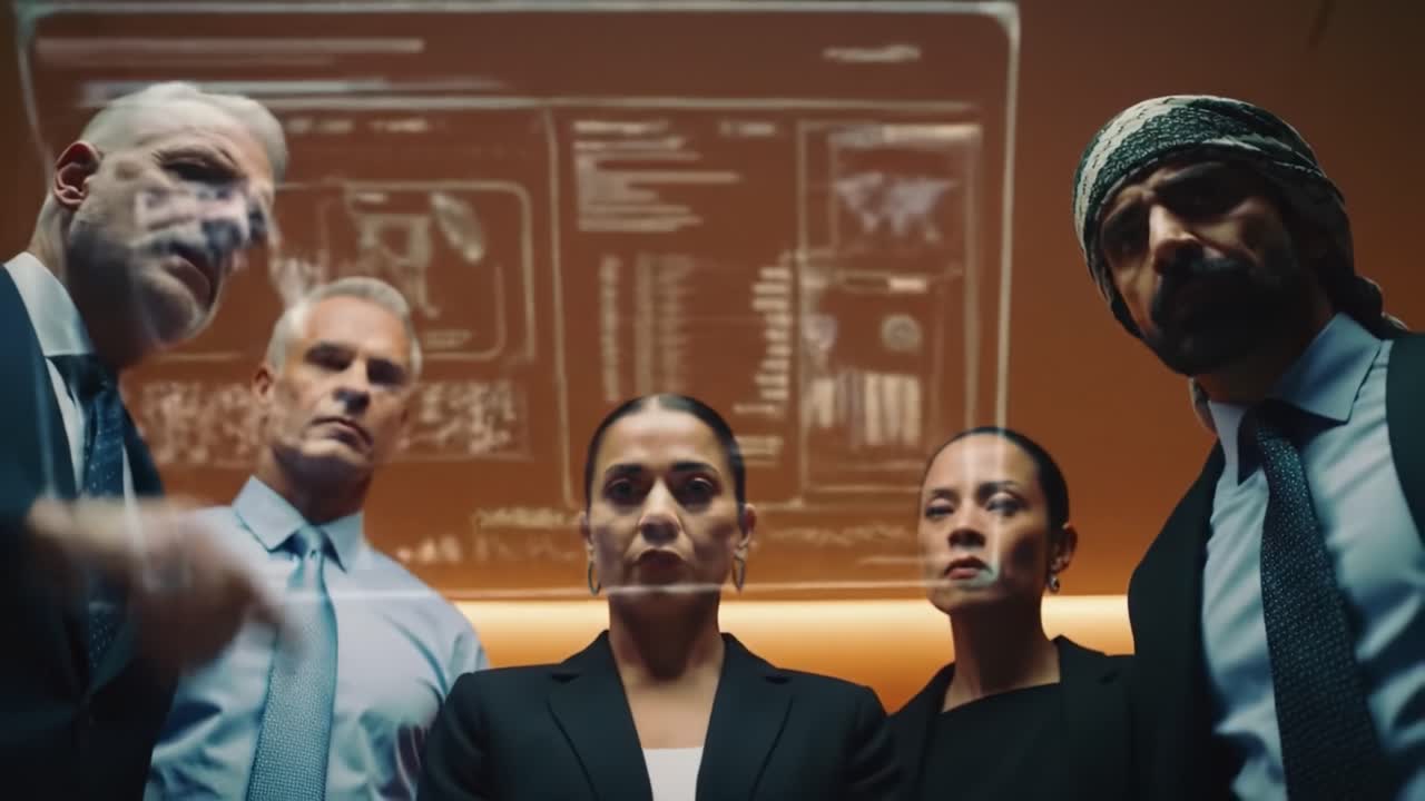 A group of focused professionals in suits gather to analyze important data displayed on a screen, showcasing their intense collaboration and commitment to decision-making