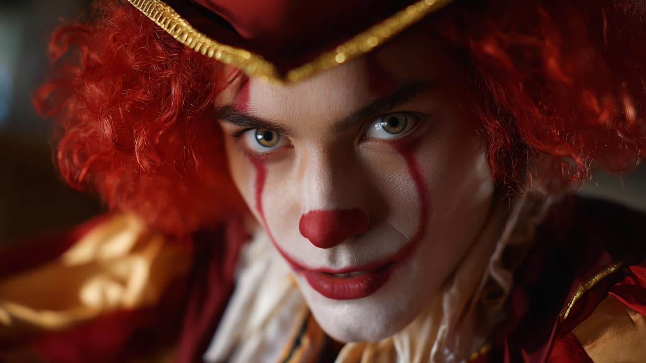 A Captivating Portrait of a Clown with Striking Red Hair and Engaging Expression, Showcasing the Mysterious Allure Behind the Character's Paint and Costume Design