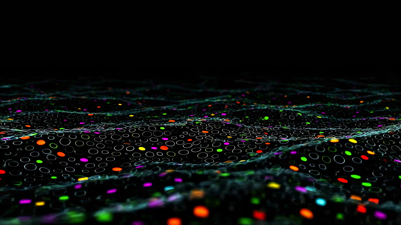 Dark Digital Landscape With Multicolor Lights, Undulating Hexagonal Mesh And Scattered Glowing Dots, Ambient
