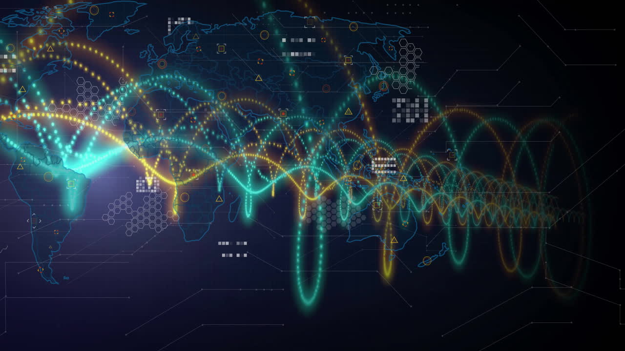 animación de la cadena de adn sobre el mapa del mundo y procesamiento de datos