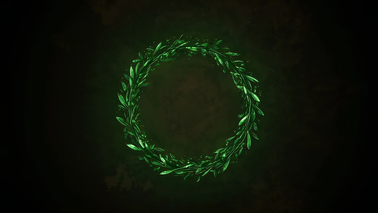 Lade-Orb innerhalb eines Lorbeerkranzes, der einen strahlenden Heiligenschein auf dunklem Hintergrund erzeugt und ein leuchtendes Emblem mit Staub bildet