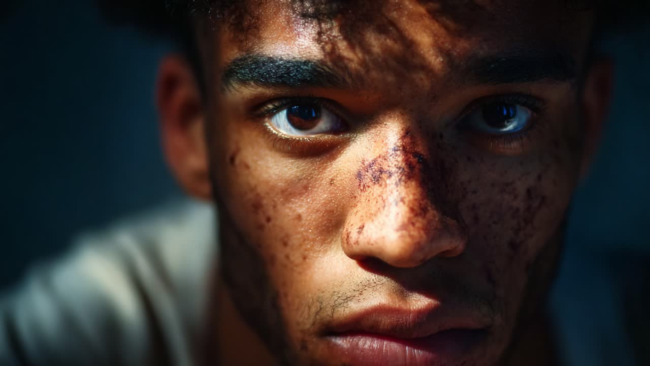 Close-up intenso de um jovem com traços faciais distintos e expressões únicas, capturado sob iluminação dramática e emoção poderosa, evocando pensamento e reflexão