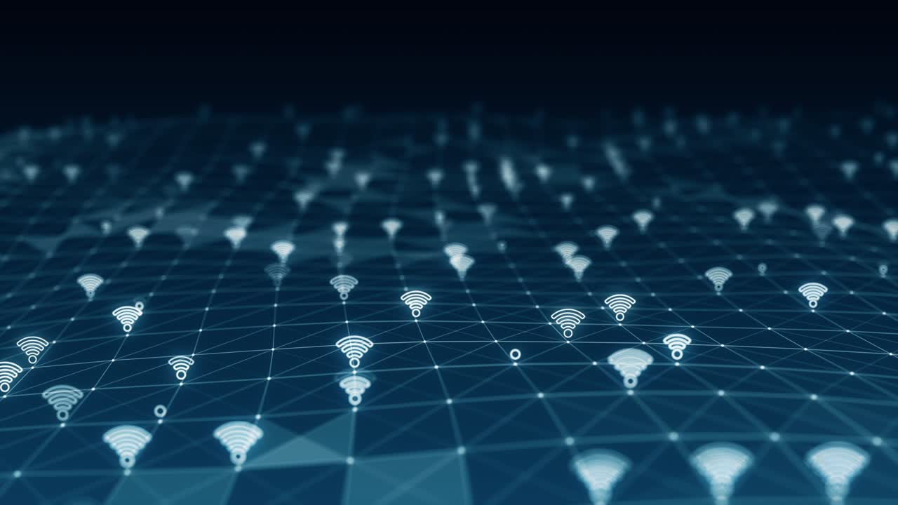 Motion graphic of Blue futuristic WIFI icon and line linked network connection abstract background concept seamless loop video