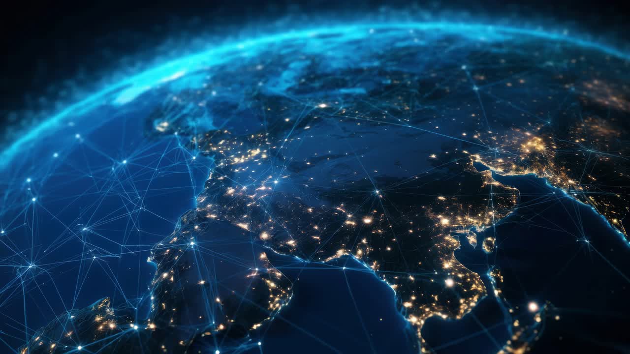 Aerial view of Earth at night with glowing city lights and digital network lines