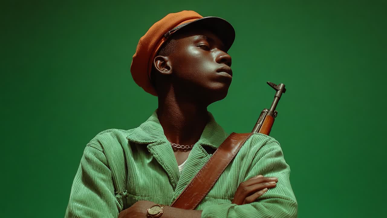 Un ritratto intenso di un giovane uomo vestito di verde con un cappello arancione, che posa con sicurezza imbracciando un fucile, su uno sfondo verde audace che esprime forza e carattere.