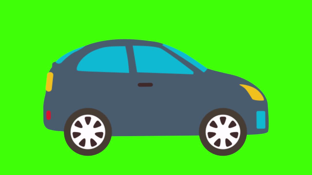Colorful simple animation of a small blue front-hinged car isolated on a green screen in 4K