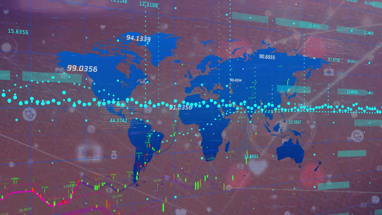분홍색 배경에 대륙에 대한 통계 차트 및 데이터 처리의 애니메이션