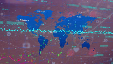 Animation-Von-Statistikdiagrammen-Und-Datenverarbeitung-über-Kontinente-Auf-Rosa-Hintergrund