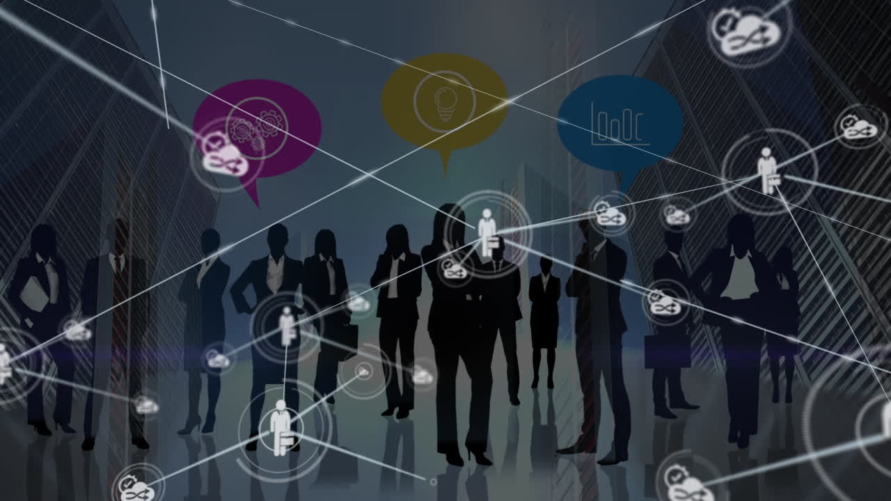 Animazione di rete di connessioni e sagome di professionisti su server