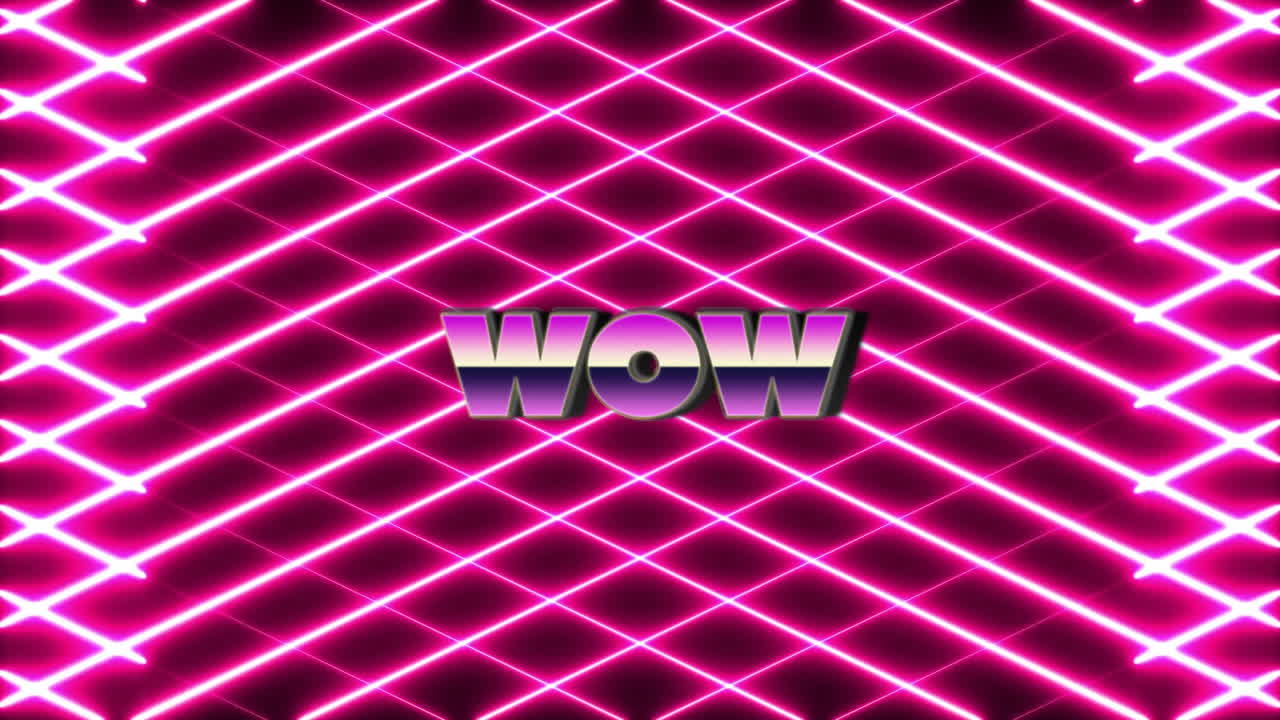 wow animación de texto sobre el fondo del patrón de cuadrícula rosa de neón