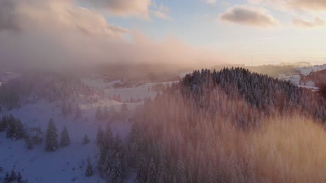 Rolling-Clouds-At-Dense-Spruce-Forest-On-Snowy-White-Hill-Slope-In-Winter-During-Sunset