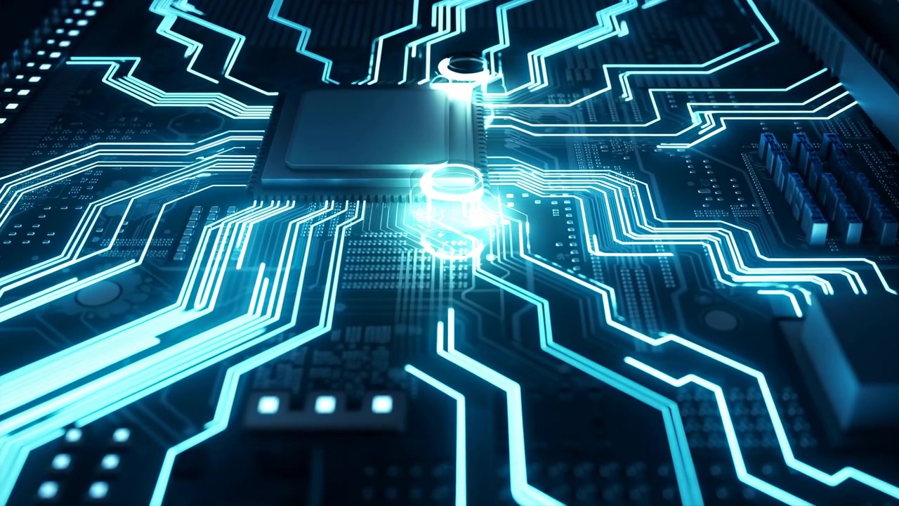 Electronic circuitry expands across dark surface with luminous blue pathways, changing light intensity around central area while geometric lines create a clean high contrast digital composition.
