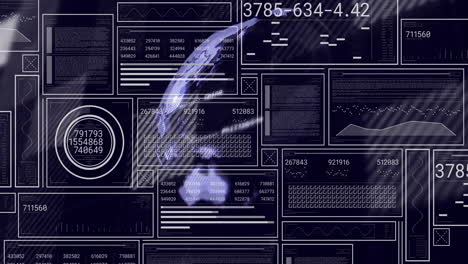 animating global network and data processing with various charts on digital interface