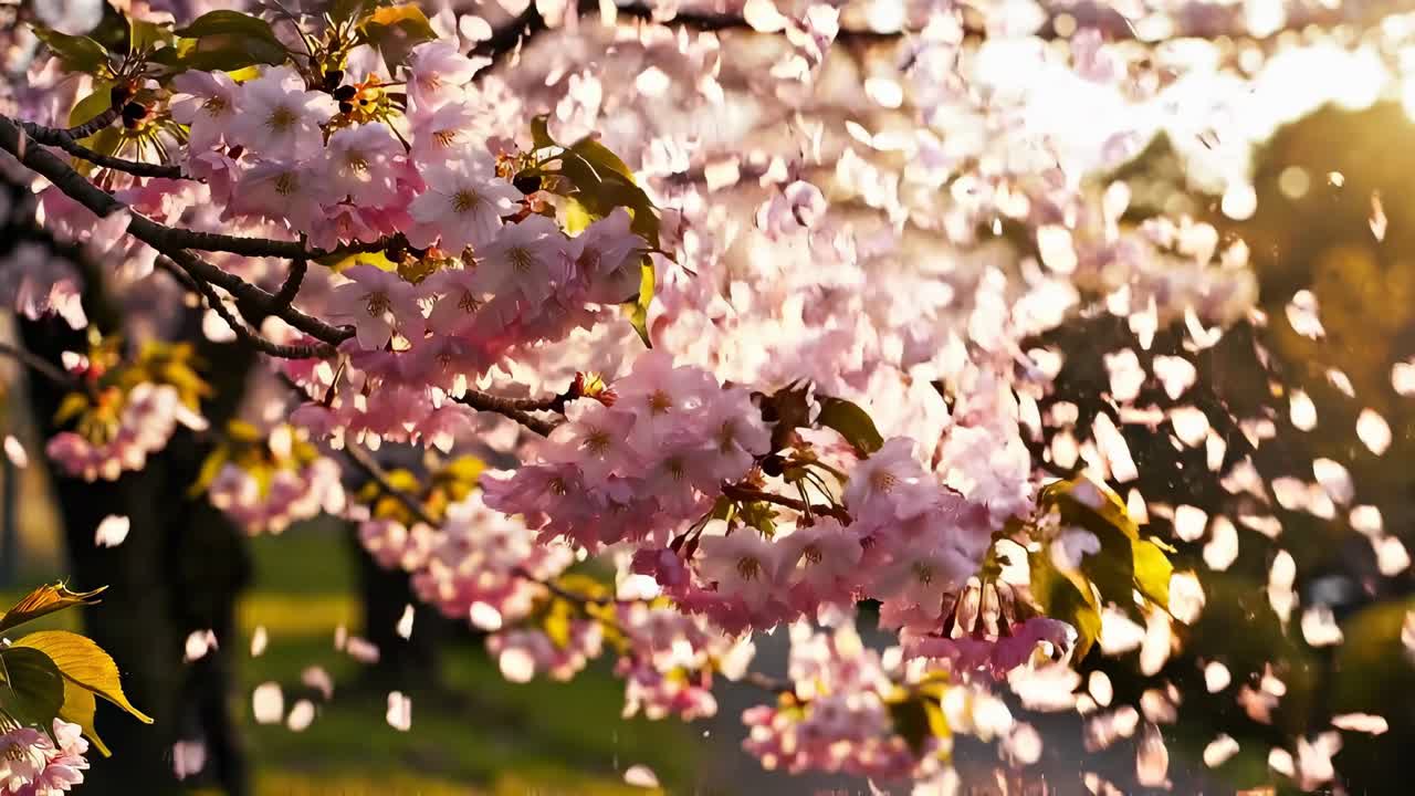 Close-up video of cherry blossoms at sunset, captured from a low angle for a serene view